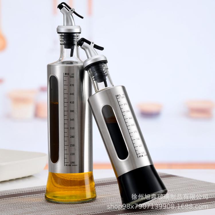 【旭淼厂家直供】批发_不锈钢油壶_防漏玻璃调味瓶_家用带刻度油瓶_厨房玻璃控油壶