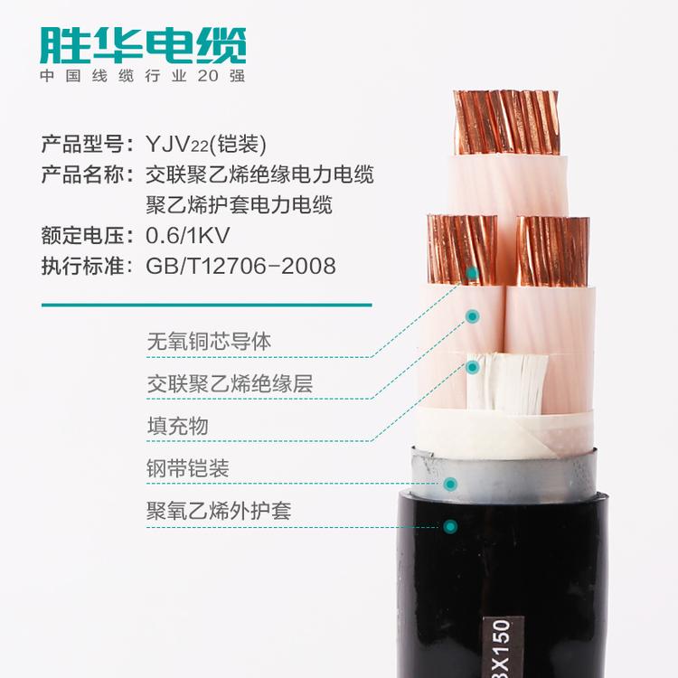 胜华电缆  YJV22 0.6/1KV 铠装铜电缆  10-400平方 2/3/4/5芯 铜芯国标地埋线  电线厂家 厂家直销 库存现货 国标标准