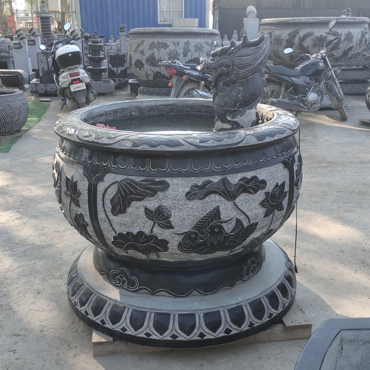 石雕青石鱼缸仿古做旧圆缸流水摆件 园林庭院装饰摆件