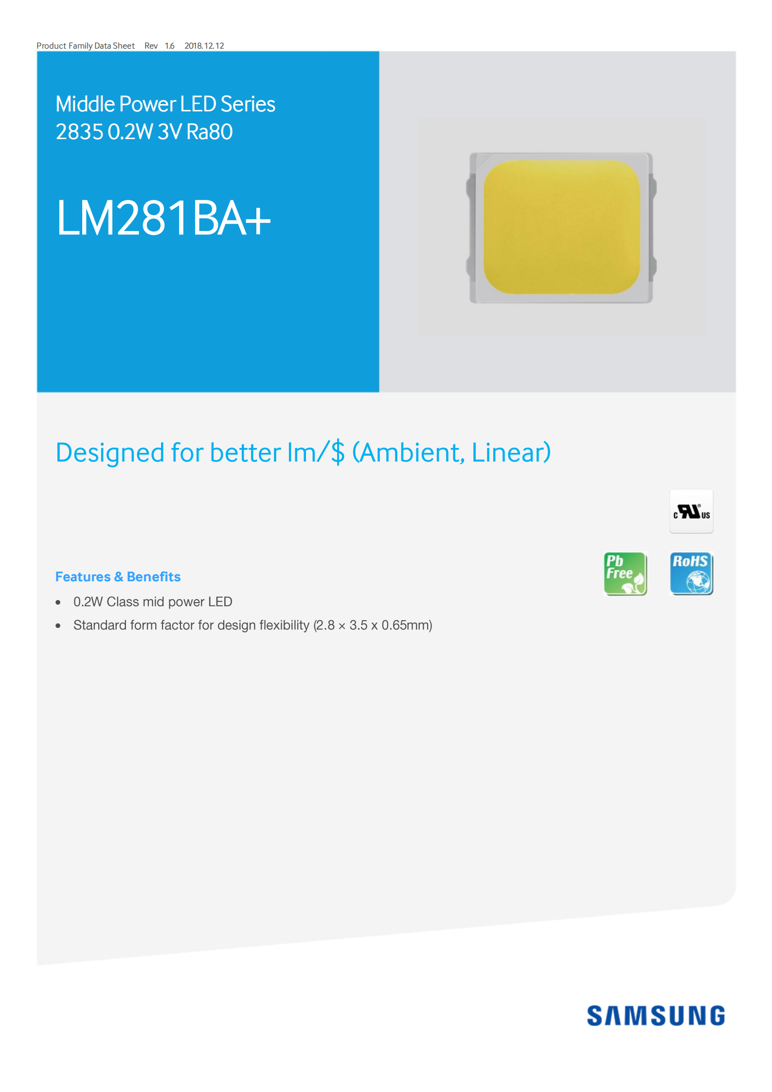 三星LM281BA 0.2w RA80 90 LM281BA+ S2 S3 2835 SAMSUNG贴片灯珠