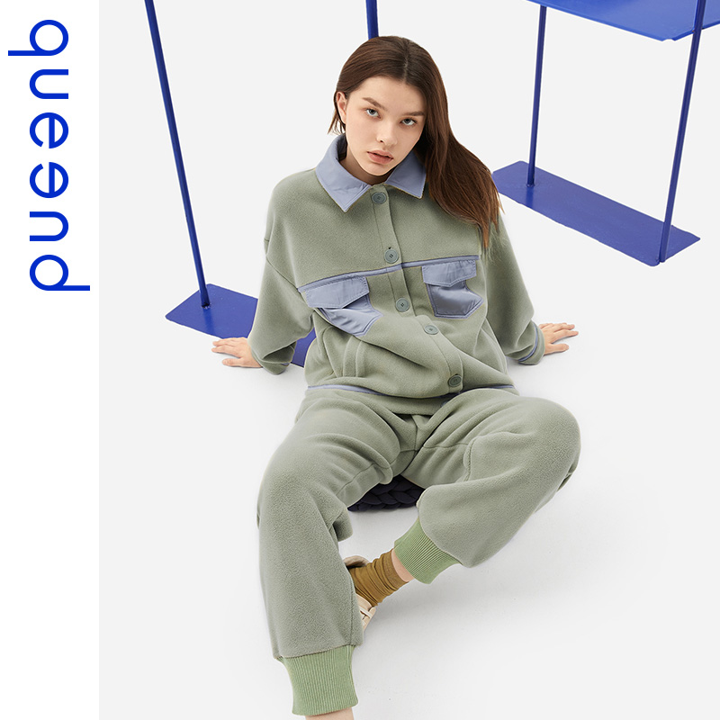 queend淳度家居服套装女秋冬季摇粒绒加厚睡衣可外穿休闲开衫加绒居家服