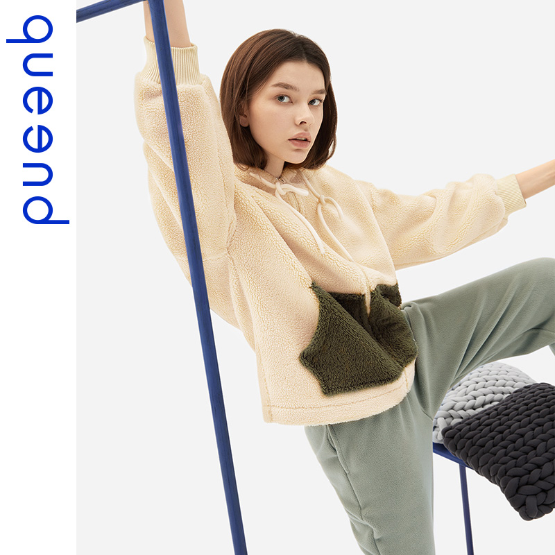 queend淳度女士居家服秋冬季泰迪绒加厚睡衣可外穿连帽卫衣款家居服套装 连