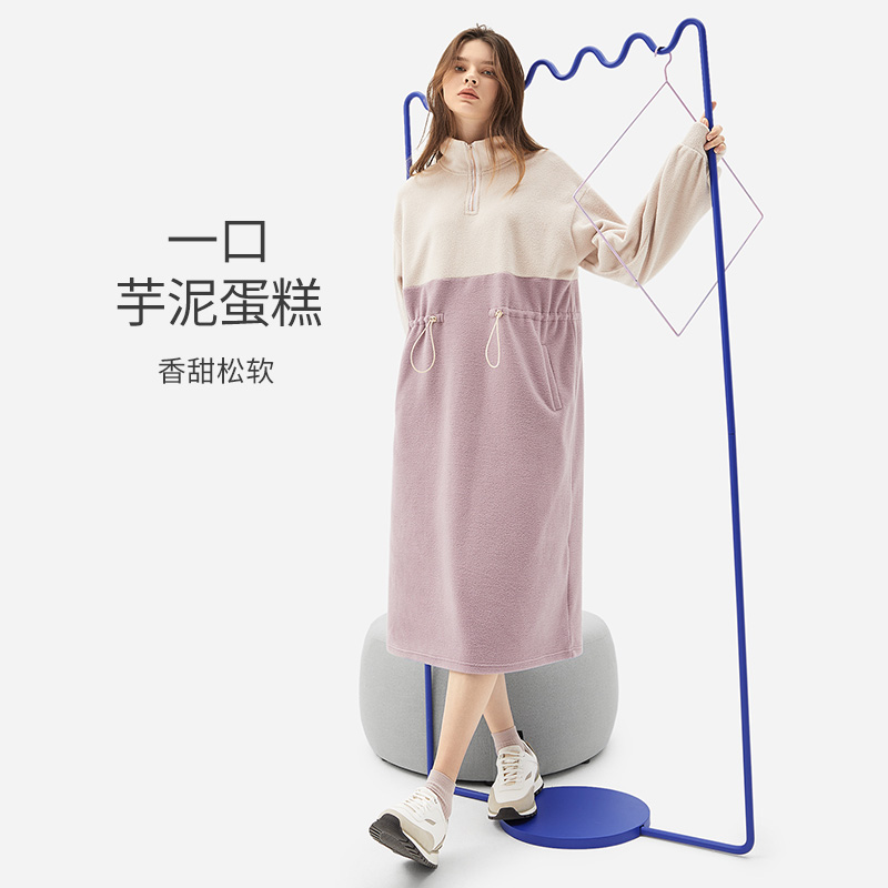 queend淳度珊瑚绒睡裙女秋冬季长款过膝睡衣裙子长袖可外穿家居服摇粒绒