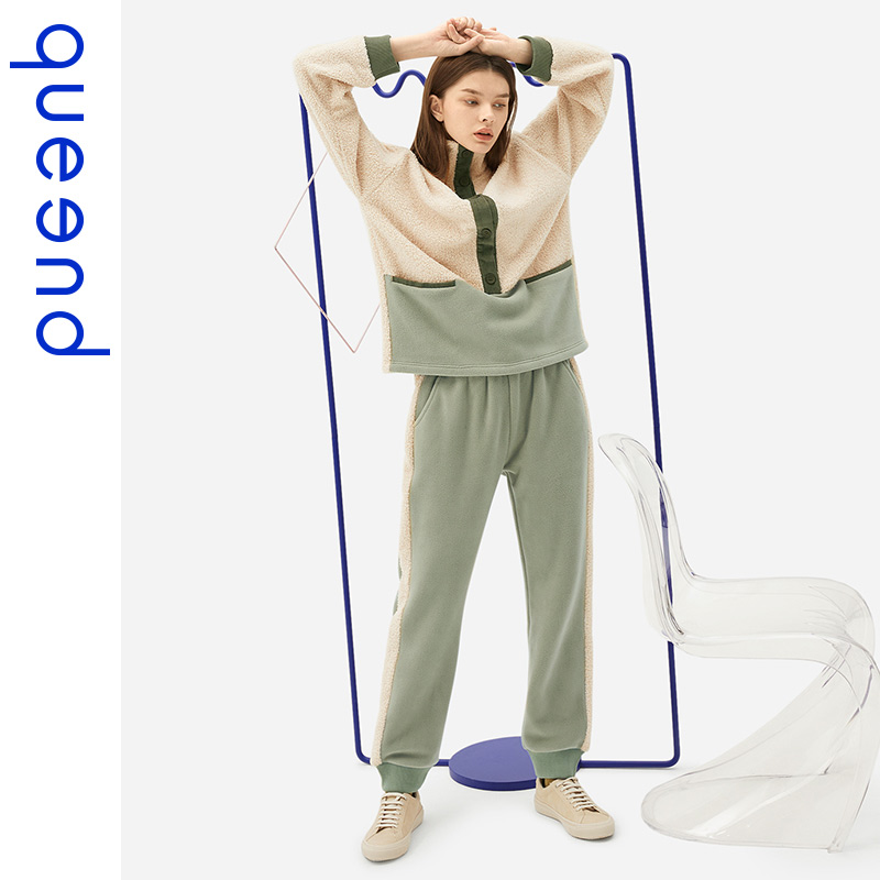 queend淳度女士居家服秋冬珊瑚绒加厚睡衣可外穿立领拼接撞色家居服套装