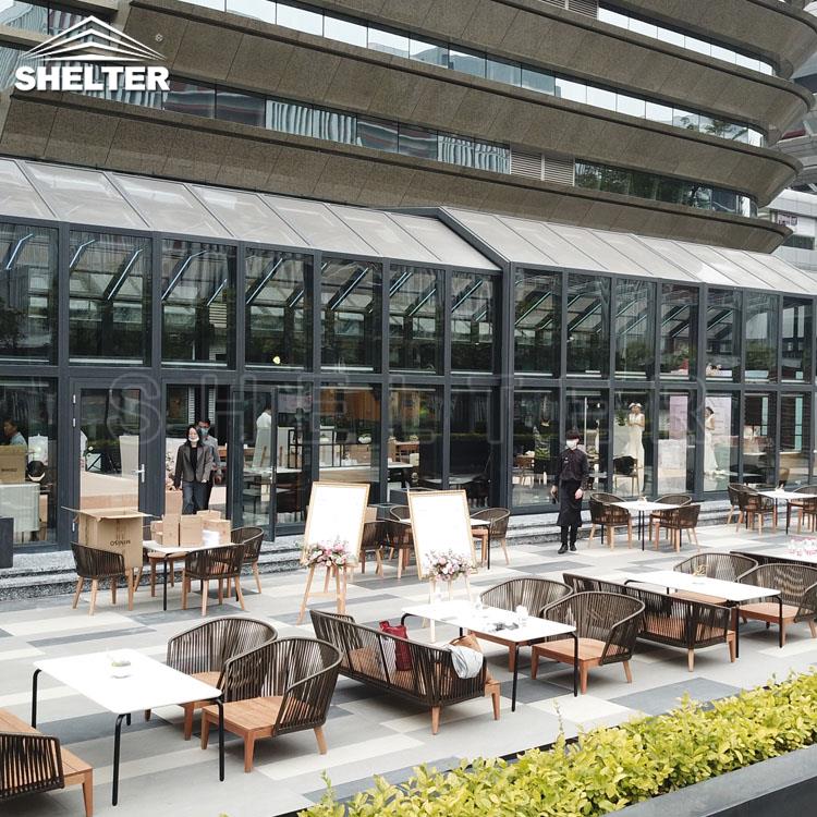 酒店餐厅阳光房智能伸缩电动开合户外商业走廊全景观玻璃房， 电动铝合金遮阳棚 赛尔特