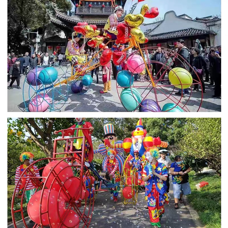 滑稽小丑气球大轮车 骑气球三轮车的小丑 大轮车里的气球 暖场演绎小丑三轮车 小丑魔术道具