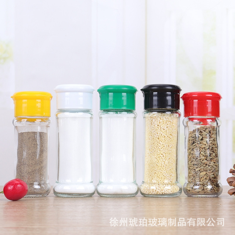 琥珀玻璃厂家直供厨房玻璃调味瓶胡椒粉瓶彩色塑料盖玻璃调料罐烧烤孜然粉瓶