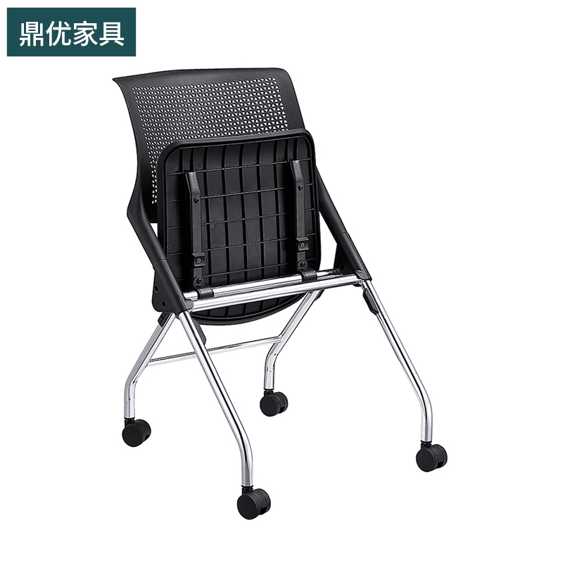 现代带轮黑色办公椅，网布职员电脑椅，培训会议椅能折叠