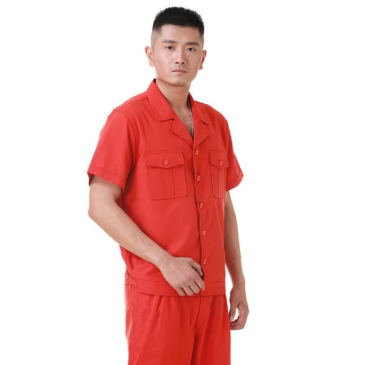 夏季新款红色帆布短袖车间工作服 厂家直供厂区夏季透气劳保服套装