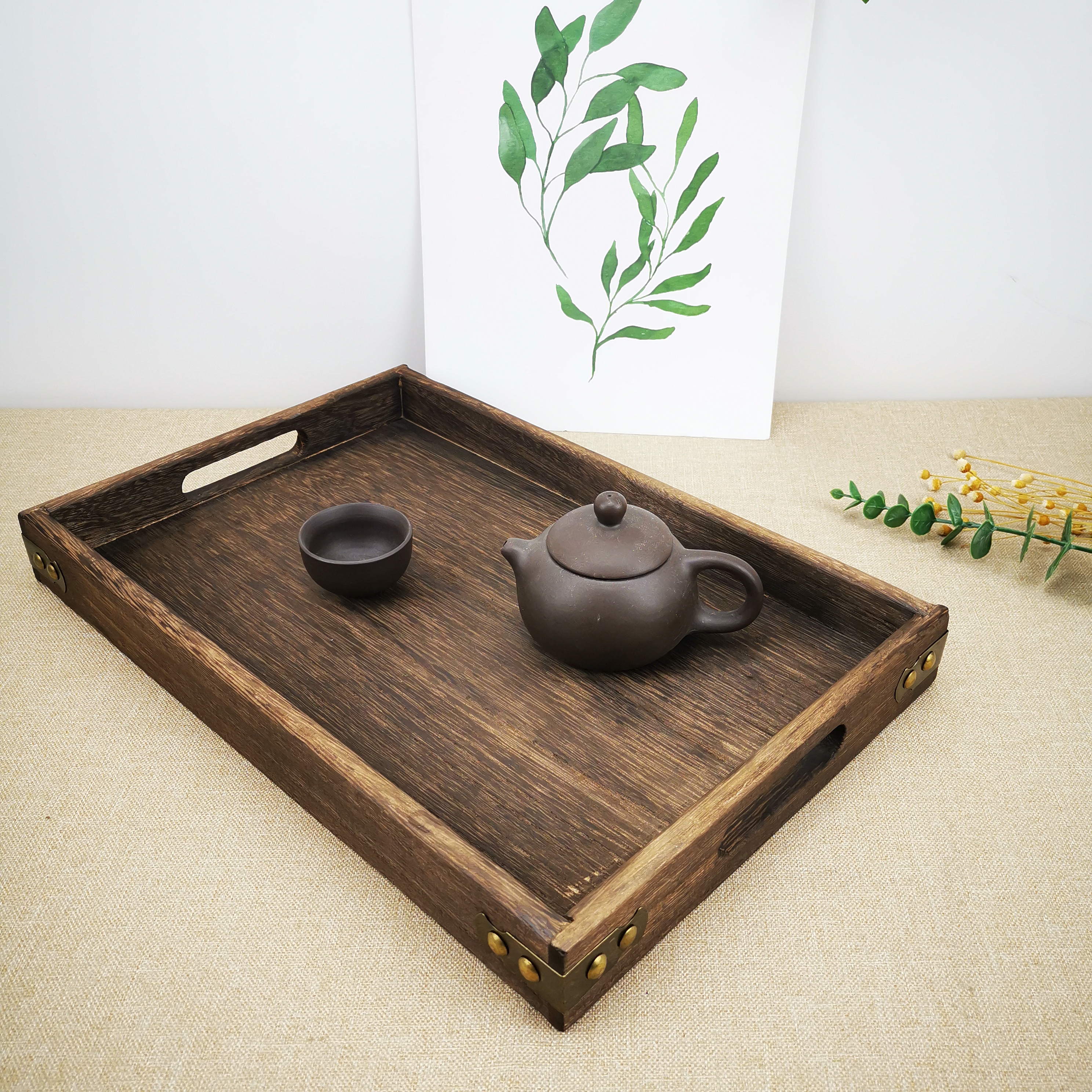 复古烧桐木托盘 实木茶托盘 木质茶盘