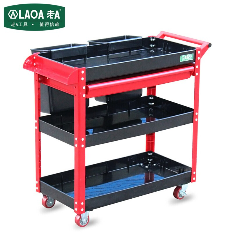 老A（LAOA）多功能加厚塑料工具车四层维修手推车带塑料桶 红色 LA115004
