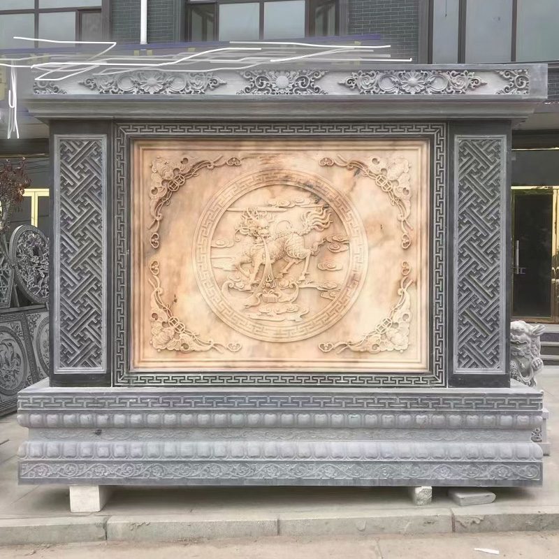 青石仿古石雕壁画祥云福字浮雕 中式庭院别墅古建影壁墙上装饰大型石浮雕定制