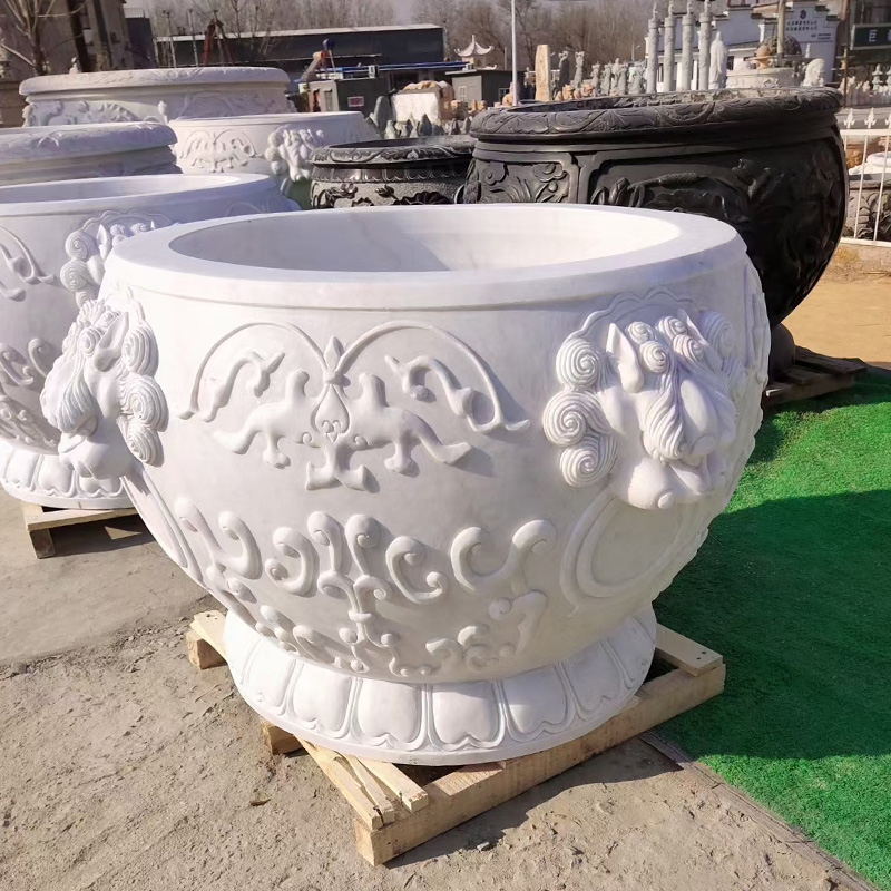 石雕鱼缸花盆 天然青石荷花鱼缸石头大水缸 庭院别墅户外家用养鱼招财摆件定制