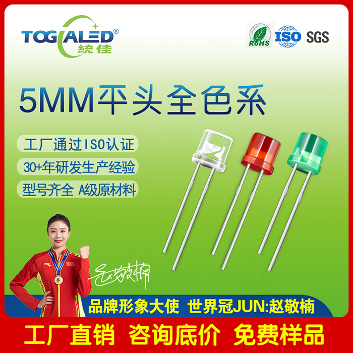 LED直插式灯珠5MM平头红光黄光绿光蓝光白光F5直插平头双色