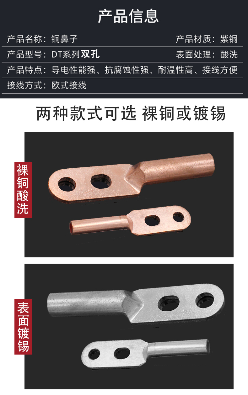 DT双孔铜鼻子压线钳 定做联接销铜端子